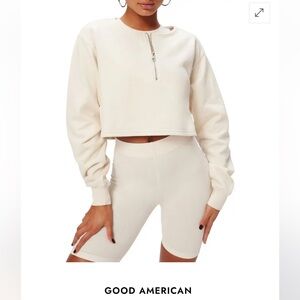 GOOD AMERICAN Collarless Half Zip Sweatshirt • Size 2 (M) • Bone • New with Tags